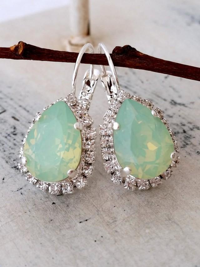 Mint Opal Earrings, Swarovski Crystal Teardrop Earrings, Drop Earrings