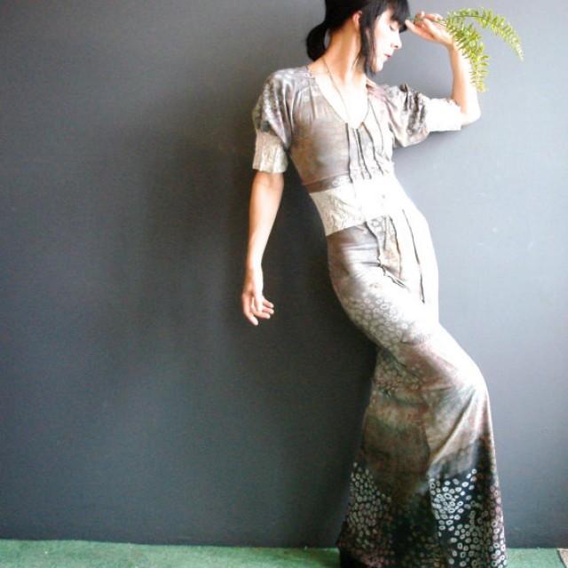 Handmade Maxi Dress Womens Lace Insert Hand Printed Ombre Gown Long