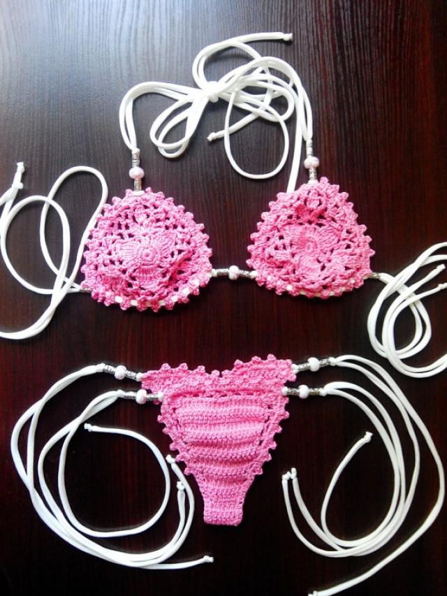 Crochet Bikini Pink With Off White Elastic Straps Metal Beads Top