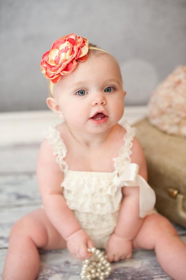 Coral Yellow Peach Flower Baby Headband, Vintage Photo Prop, Flower