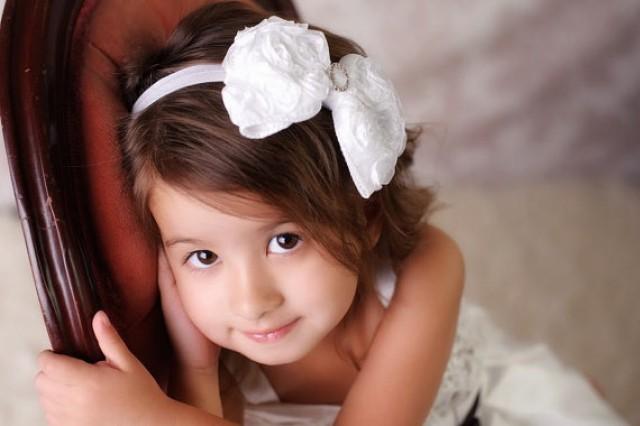 White Hair Bow Satin Rosette Crystal Hairbow Headband Or Hair