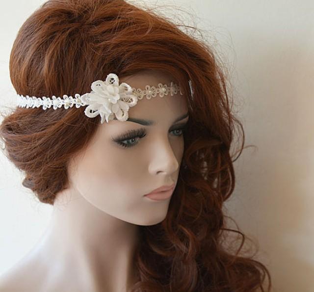 Rustic Lace Wedding Headband, Flower And Lace Headband, Ivory Lace