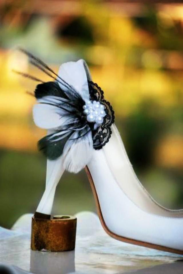 Black & White Feathers Lace Pearls Shoe Clips. Wedding Couture