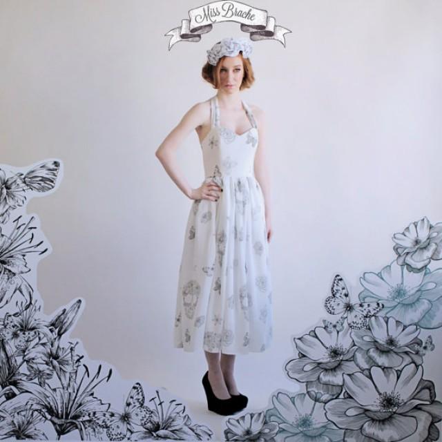 Skull Print Wedding Dress Tea Length With Sweetheart Neckline