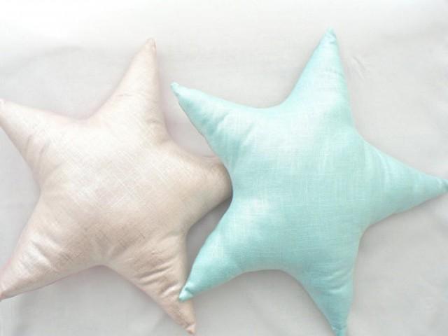 Blue Metallic Linen Star Shaped Pillow Nursery Wedding Decor