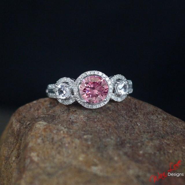 Pink & White Diamond Halo FB Moissanite Engagement Ring Pave 3 Stone