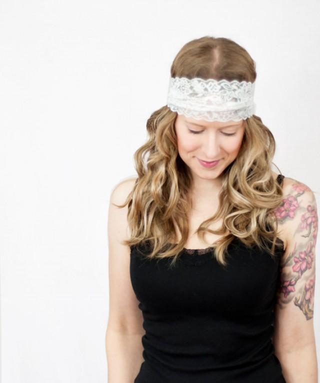 White Lace Headband, Bohemian Headband, Wide Stretch Hairband Accessory, Hair Piece, Bridal