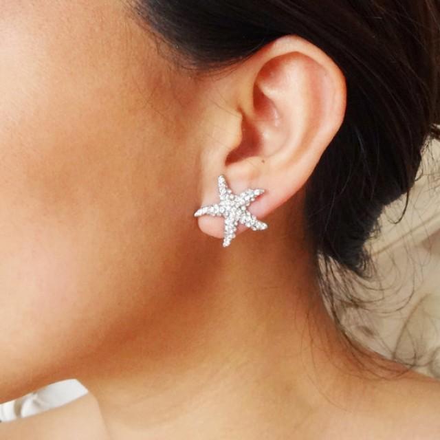 Petite Bridal Starfish Earrings, Crystal Starfish Wedding Earrings