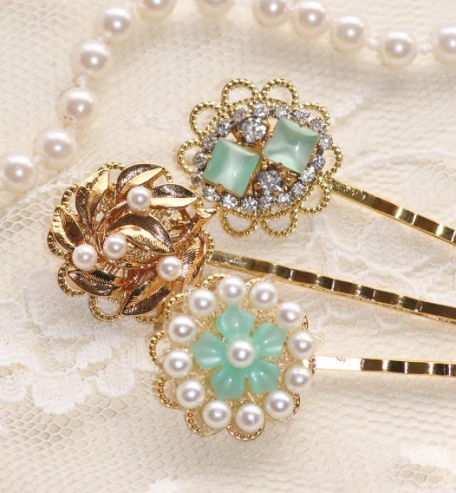 Vintage Mint Green Jeweled Bridal Bobby Pins,Set Of THREE,Gold Mint