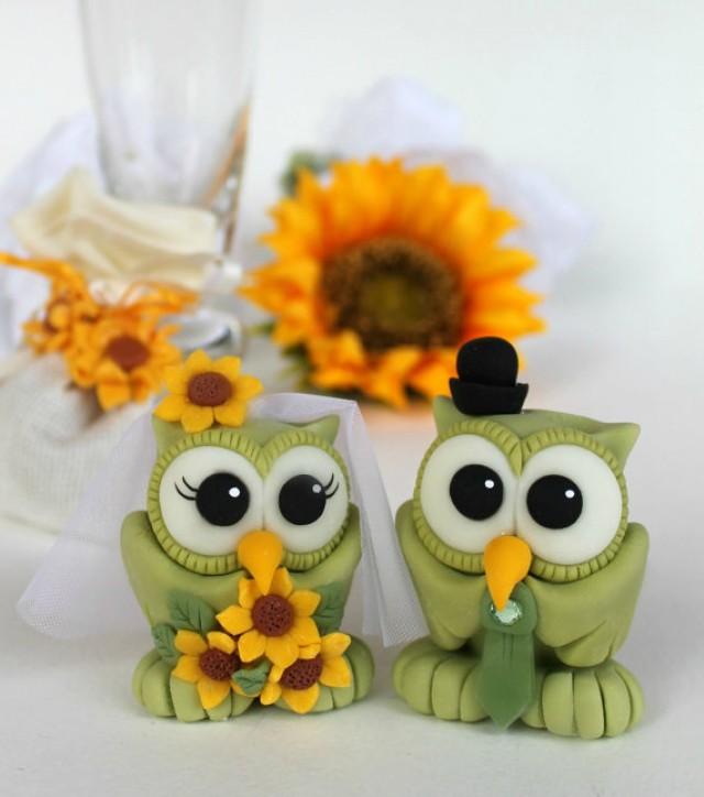 Owl Cake Topper, Love Bird Wedding Cake Topper, Green Owls, Sunflower