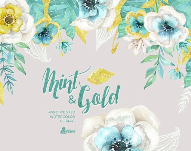 Mint & Gold. Watercolor Floral Bouquets And Arrangement Clipart. Hand