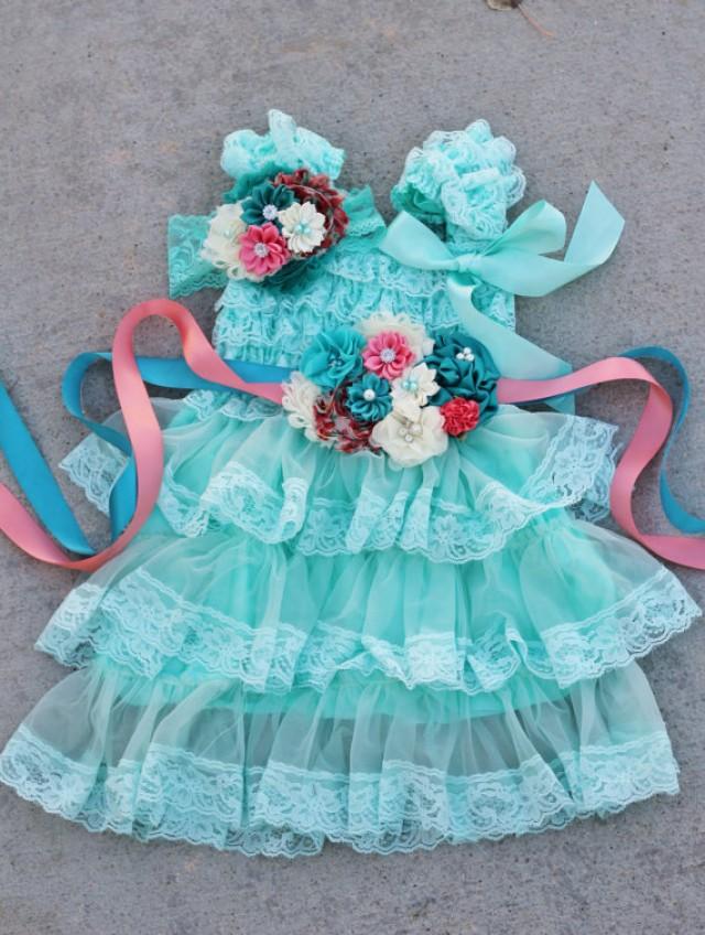 Aqua Ivory Coral Dress Sash Headband SET,lace Girl Dress,baby Dress