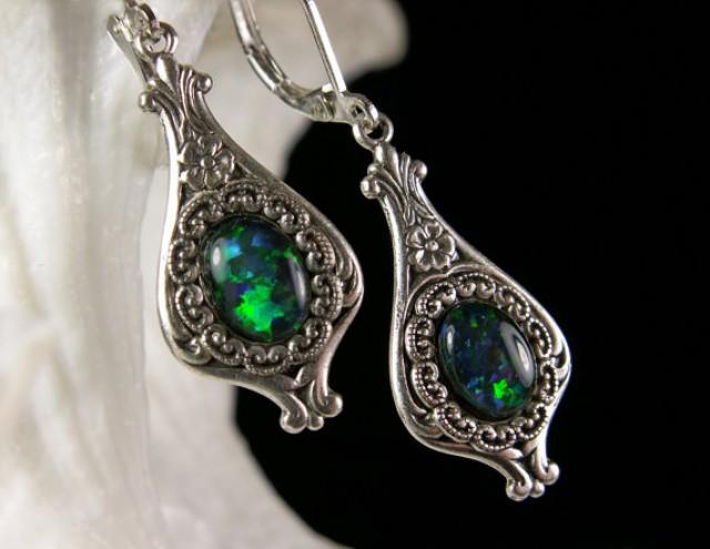 Steampunk Earrings Peacock Blue Green Opal Crystal Drop Antiqued Silver Filigree Titanic 5370