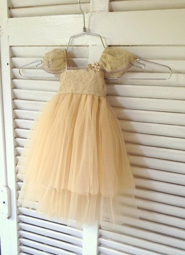 Gold Flower Girl Dress French Lace And Silk Tulle Dress For Baby Girl