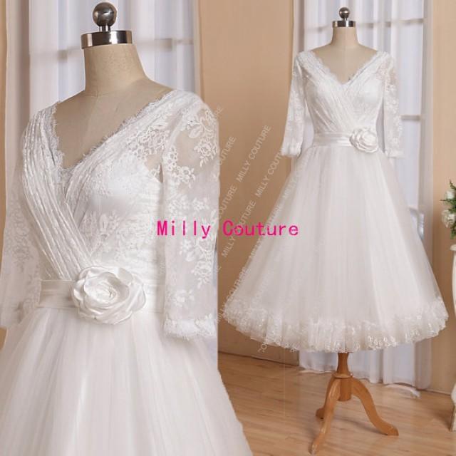 Stunning Lace Tea Length Wedding Dress With Long Sleeves 1950s