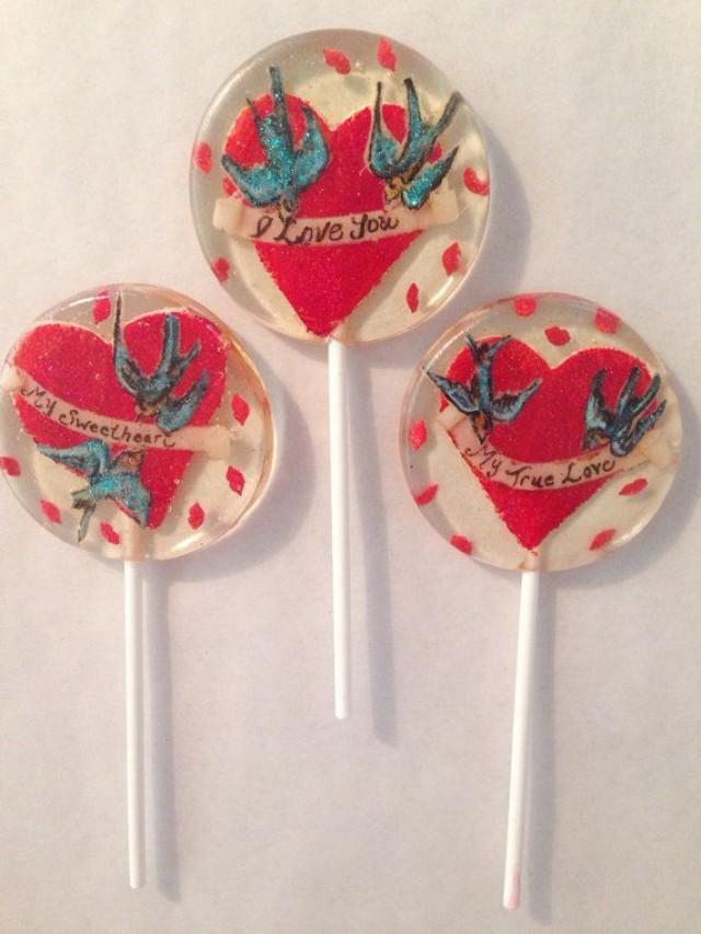 3 Apple Flavored Lollipops With Red Glittered Marzipan Hearts, Love