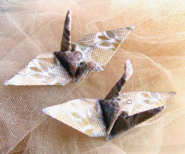 Wedding Cake Topper, Art Deco Peace Crane Bird Party Favor Origami Ornament Japanese Silver Gold