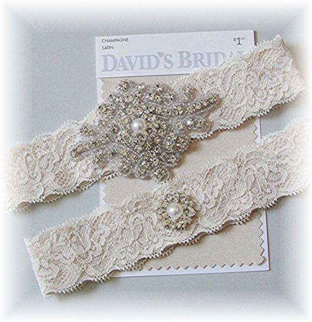 Champagne Stretch Lace Wedding Garter Set Bridal Garter Set Wedding Garter Belt Keepsake 9428