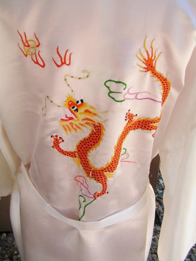 Vintage Golden Dragon Silk Hand Embroidered Robe In White Silk Kimono