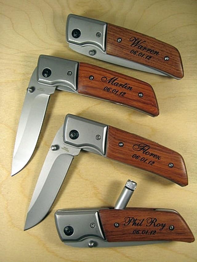 4 Engraved Knives Pocket Knife LED Flashlight Personalized Wood Groomsman Ring Bearer Best Man