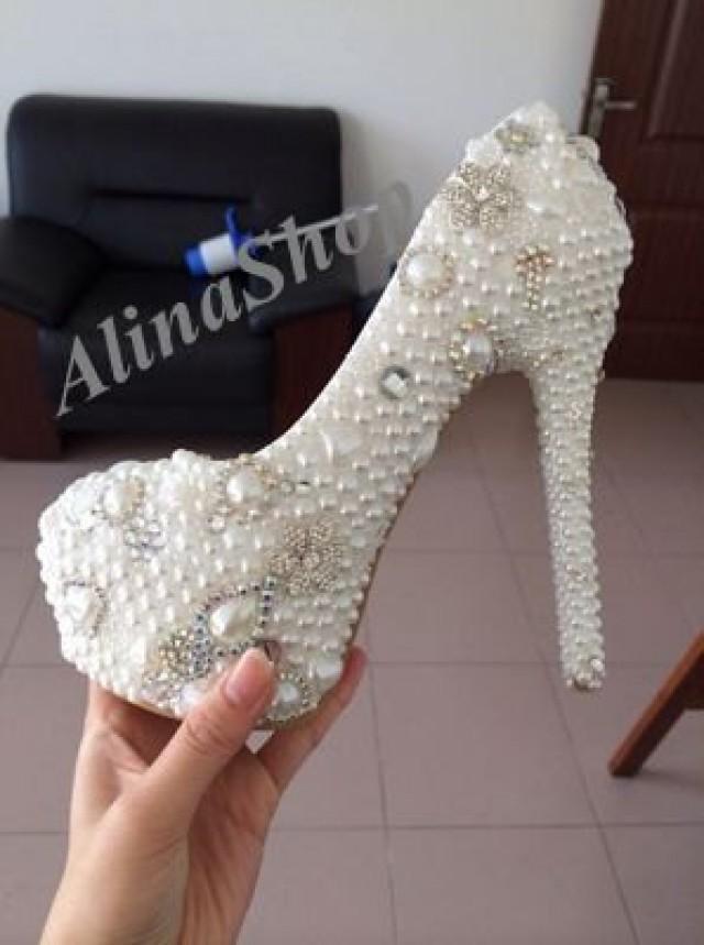 Bridal Wedding Shoes Ivory Pearls Luxury Handmade Bridal Shoes High Heels Closed Toe Custom 