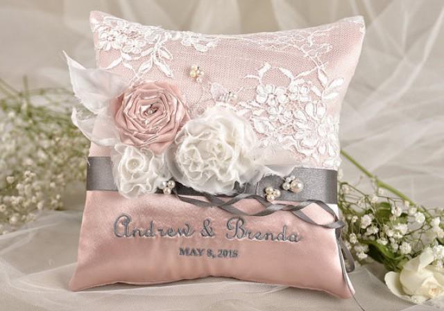 Lace Wedding Pillow Ring Bearer Pillow Embroidery Names Peach