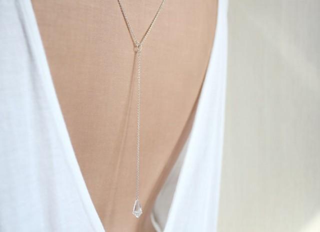 S I L V E R -Back Necklace, Backdrop Necklace, Back Chain, Swarovski Silver Wedding Jewelry 