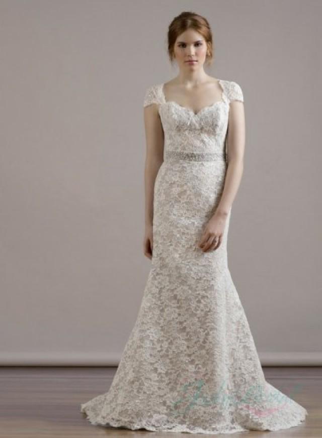 Wedding Dress Lace Cap Sleeve Keyhole Back