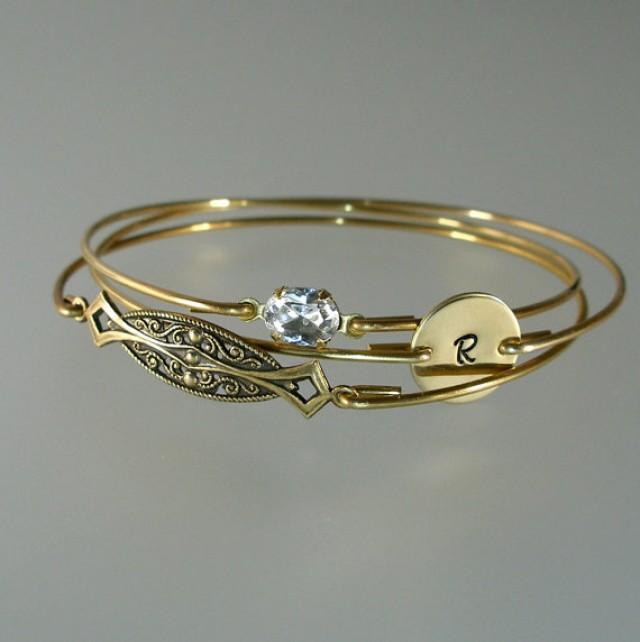 Bridesmaid Bangle Gold Bracelet Set, Art Deco, Crystal, Personalized