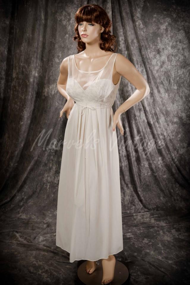 Vintage Vanity Fair Nightgown White Long Negligée Chiffon Over Lace Bodice Size 36 Bridal 8147