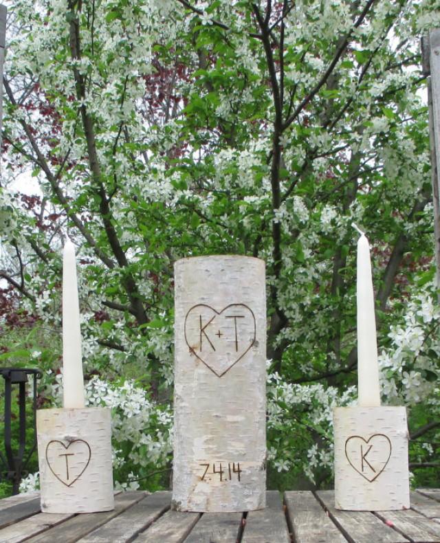 Personalized Birch Bark Unity Candle With Two Birch Candle Holders