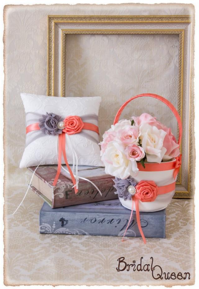 Gray And Light Coral Flower Girl Basket, Wedding Ring Bearer Pillow