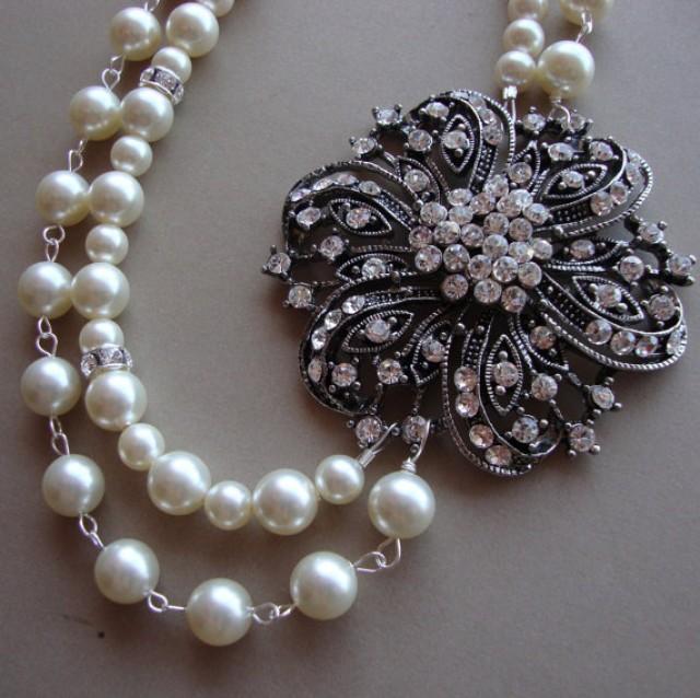 Double Strand Swarovski Pearls And Rhinestones Necklace Bride Necklace Bridesmaids Necklace