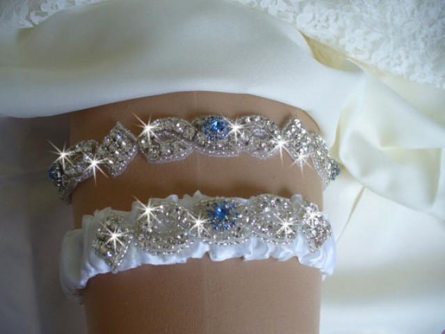 Something Blue Rhinestone Wedding Garter Belt, Wedding Garters, Sapphire Birthstone Wedding