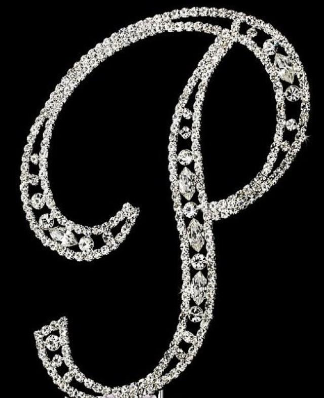 Monogram Wedding Cake Topper, Silver Cake Topper, P Rhinestone Letter