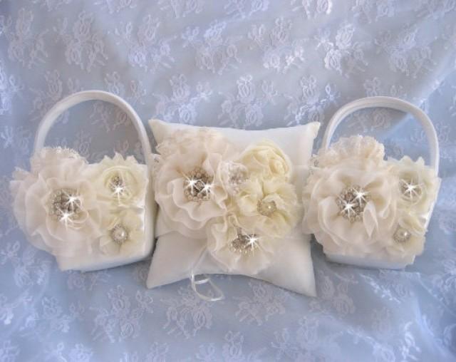 Two Flower Girl Baskets, 3D, Ring Bearer Pillow, Flower Girl Basket Set Wedding Pillow Elegant