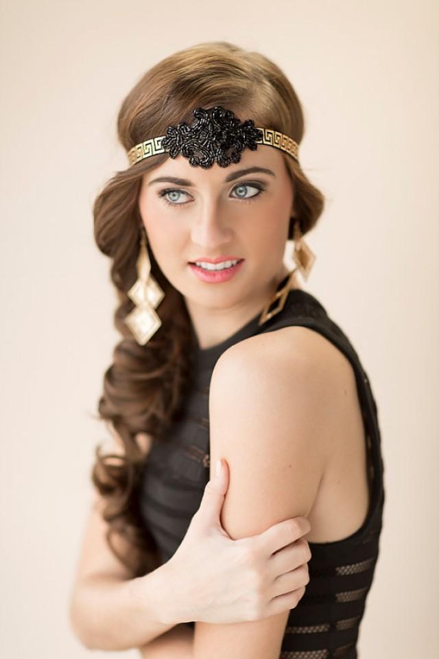Black Art Deco Headband Gatsby Wedding Headpiece 1920s Bridal
