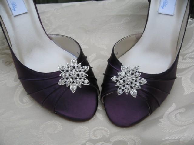 Purple Eggplant Bridal Shoes With Crystal Rhinestone Flower Design Over 100 Color Shoe Choices