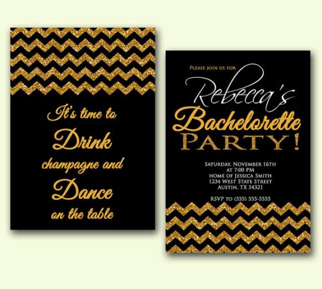 Bachelorette Party Invitation Gold Glitter Sparkle Chevron Invite Black