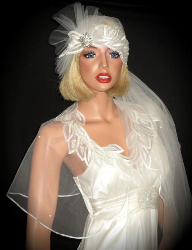 20s DECO BRIDE Gatsby Juliet Bridal Cap, Ivory Lace & Pearl 20s Veil
