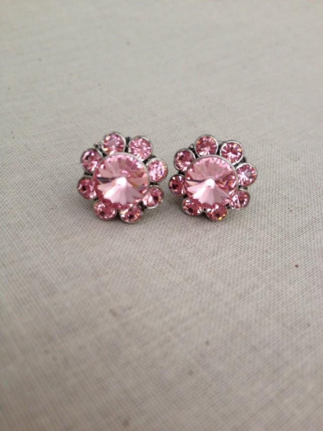 Blush Rhinestone Flower Posts, Swarovski Light Rose Earring, Bridesmaid