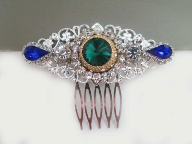 Blue and Green Bridal Hair Comb - wide 3