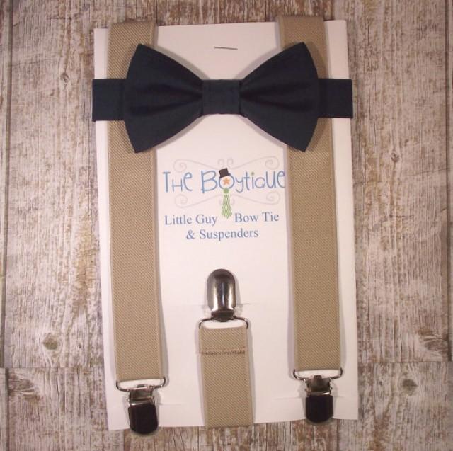 Navy Bow Tie And Suspenders Tan Suspenders, Toddler Suspenders, Baby