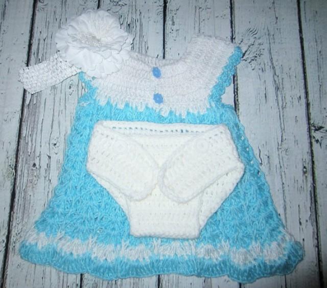 Blue Baby Dress Crochet Baby Dress Headband, Diaper Cover, Girls Dress