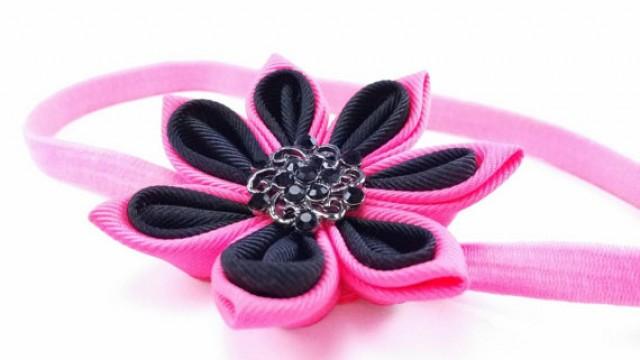 Girls Ribbon Flower Headband Hot Pink And Black Kanzashi Flower Hair Band For Girls Swarovski Crystal Weddbook