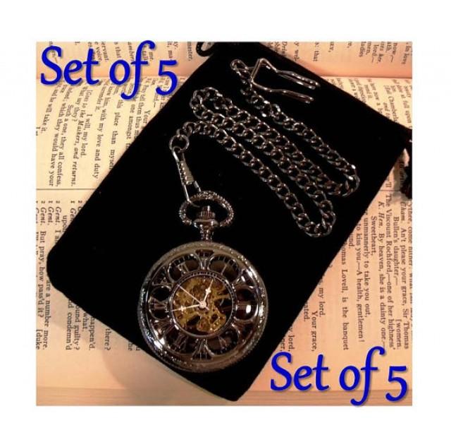 Set Of 5 Pocket Watches With Chains Engravable Gunmetal Black Personalised Groomsmen Gift