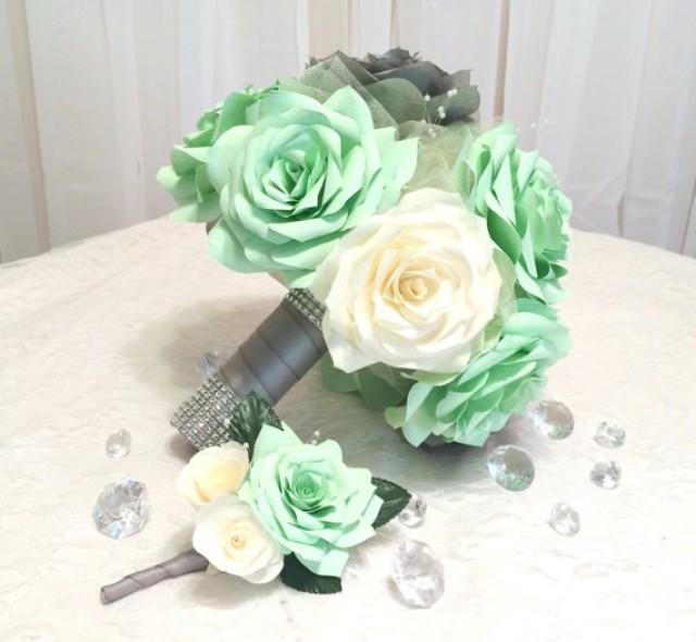 Mint Green Grey And Ivory Handmade Paper Rose Bouquet And