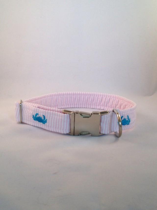 Preppy Pink Seersucker Crab Dog Collar, Crab Dog Collar, Wedding Dog
