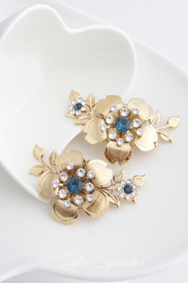 Gold Bridal Shoe Clips Montana Blue Crystal Sapphire Flower And Leaves