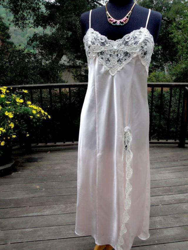 Vintage Lingerie Pale Pink Satin And Ivory Alencon Lace Slip Night Gown Camisole Bridal Wedding 